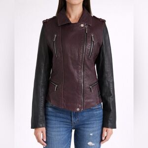 MICHAEL Michael Kors Colorblock Leather Moto Jacket Burgundy & Black Size L